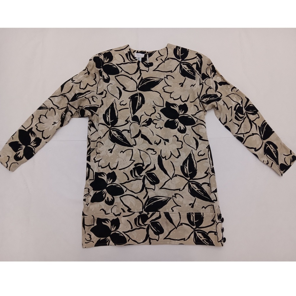 St Gillian Petites Womens Size 6 Tan Black Floral 100% Silk Tunic Blouse Top